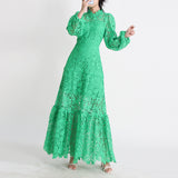 High-Level Elegant Lotus Leafy Dress 2025 Summer New Standing Collar Long Sleeves To Close The Waist Thin Hollow Dress Woman
