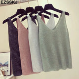 shiny Knitted Top Summer v-neck diamonds Tank top Women Slim Top Female bling sleeveless t-shirt Vest