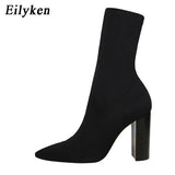 Comfort Stretch Women Sock Boots Square High Heel Ankle Boots Fashion Pointed Toe Fall Stretch Shoes Black Big Size