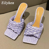 2022 New Summer Design Weave Square Toe Heels High Quality Slippers Gladiator Beach Womens Sandal Slides
