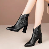 Short Boots Women Autumn Winter New Fashion Coarse And Short Barrel Black Pointed Plus Velvet And Single Boots Leather