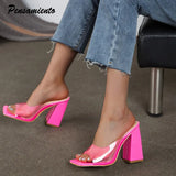 style Sweet Candy colors Women Slippers Fashion Square toe Transparent PVC High heels Female Mules Slides Summer