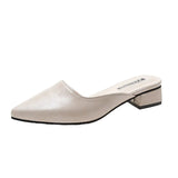 Pointed Toe Womens Slippers Slip On Ladies Mules Low Heel Woman PU Leather Pumps Summer Casual Slides