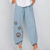 New Floral Print Cotton Linen Pants Fall Summer Loose Irregular Elastic Waist Wide Leg Pant Casual Elegant Pocket