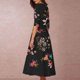 Slim Elegant Pleated Half Sleeve Pullover Party Dress Women Casual V-neck Maxi Dresses Temperament Ladies Floral Printed