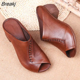 Soft Leather Outer Slippers Fish Mouth Comfortable Versatile Mid-heeled Women Sandals Women's Mother's Shoes