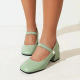 Japanese Sweet Lolita Med Chunky Heels Square Toe Pearl Elastic Band Strappy Princess Shoes Plus Size 34-48 White Purple