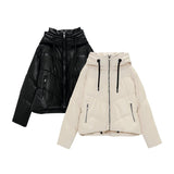 Autumn Winter Women Hooded Zipper Black Faux Leather Cotton Coat Casual Female Thick Warm Short Jacket Windproof