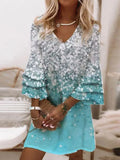 Spring Summer Fashion V Neck Party Dress Women Vintage Harajuku Print Beach Shirt Dress Lady Casual 3/4 Flare Sleeve Loose