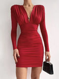 Shrug Mini Dress Women V Neck Ruched Casual Sexy Long Sleeve Clubwear Bodycon Office Ladies Elegant Chic Dresses