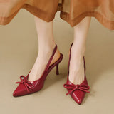 Breakj 2025 New Women's Shoes Red Bow Decorated High-Heeled Muller Shoes After The Tip Of The Stumbling Striped Sandals Women's