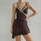 Sweet Y2K Lace Slip Dress Party Holiday Sleeveless Mini Kawaii Dresses Lolita Robe 2000s Aesthetic Grunge Pink