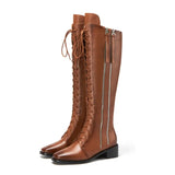 Women Knee High Boots Shoes Genuine Leather Mid Heel Ladies Boots Zipper Cross Tied Thick Heels Long Boots Winter