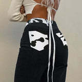 Patchwork Cow Print Jeans Women Casual High Waisted Pants Capris Harajuku 90s Black Long Trousers Ladies