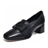 Spring New High Heels Square Head Thick Heel Middle Heel Work Shoes Square Button Head Layer Cowhide Four
