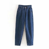 Women Streetwear Pleated Mom Jeans High Waist Loose Slouchy Jeans Pockets Boyfriend Pants Casual Ladies Denim