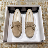 Winter Shearling Wool Shoes Woman Lambs Fur Flats Genuine Leather Mocasines Mujer Bowtie Loafers Warm Plush Boots