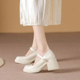 2024 New High Heel Waterproof Platform Foreign Style Jane Buckle Pearl High Heel Round Head Retro Single Shoes Mary Jane Shoes