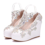 Queen Rhinestone Bride Wedding Shoes Woman Ankle Strap Wedges High Platform