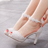 Breakj Yard Fish Mouth High Heel Sandals Waterproof Table Sandals Fine Heel Lace Beaded Wedding Shoes Wedding