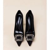 Temperament Professional Black Super High Heels Female 2024 New Pointed Rhinestone Advanced Sense Commuter Work Thick