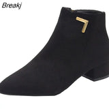 ANKLE BOOTS Fashion Casual Genuine Leather Low High Heels Thick Shoes PU Autumn Pointed Toe Rubber Female Winter Black