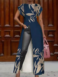 Women 2022 Office Commuter Short Sleeve DressNew Elegant Printed Long Slit Dress Summer Fashion O Neck Mid Waist Pullover