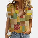 Women Elegant Office Simple Turn-down Collar Cartoon Print Casual Shirt Fashion Summer Short Sleeves Button Cardigan