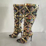 Breakj New Pointed Thin Heel Ultra High Heel Side Zipper Heavy Handmade Rhinestone Embroidery Fashion Plus Size Boots