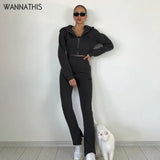 Letter Embroidery 2 Piece Sets Women Long Sleeve Hoodie Black Cropped Top And Women Side Split Slim Pants Fitness