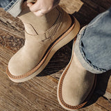 Men Cow Suede Snow Boots Retro American Engineer Boots Mid-barrel Motorcycle Boots Flat Sole Solid Warm Soft Martin