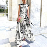 Fashion Stand Collar Chiffon Button Printed Lace-up Wide-leg Pants Jumpsuit Elegant Slim Sleeveless Loose Party