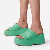 Platform Slippers for Women Square Toe PU Leather Wedge Sandals Woman Summer 2022 Thick Bottom Female Flip