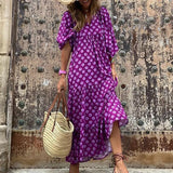 Summer Women New Fashion Casual Patchwork Printed Puff Sleeves Long Dress Elegant Slim V Neck Streetwear Elegant
