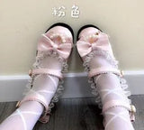Shoes Women High Heels Pearl Lace Edge Straps Bow Cute Girls Princess Tea Party Shoes Students Lovely Shoes Size