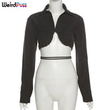 Puss Cut Bandage Short T-Shirts Women Ruched Irregular Backless Tops Long Sleeve Streetwear Summer Casual Wild