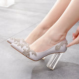 Breakj Cm Crystal Transparent Square Tip Single Shoe Bridal Shoes Silk Satin Cloth Diamond Skirt Shoes Wedding