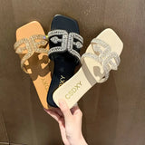 Breakj Flat-Bottomed Slippers Women 2025 Summer New Diamond Pearl Decoration Large-Size Women Cold