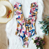 Printed Flowers Even Lotus Leaf Side Body Swimsuit Women 2025 New Swimsuit Bare