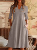 New Summer Commuter Women Dress A-line Skirt Solid Cotton Linen Pocket Mid Sleeve Holiday Dress 2022 Elegant V-Neck Loose