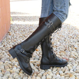 Breakj New Round Head High-Cvalry Knight Boots Belt Mouth Decoration Low-Heeling Women's Leather Boots Size