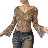 Khaki Vintage Print V Neck Flare Long Sleeve Y2K Tops Cute E Girl Fairy Grunge Aesthetic Graphic T Shirts for