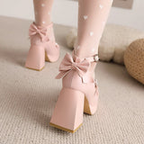 Women Mary Jane Chunky Block Heel Platform Pump Shoes Bute Bow Apeal Ankle Straps Square Toe Goth Heels Pu Leather Dress
