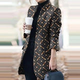 Winter New Fashion Women Stand Collar Print Jackets Casual Long Sleeves Elegant Office Lady Cardigan Slim Buttons