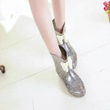 Elegant Short Women Rubber Boots Elastic Band Ankle Rain Boots Fall Autumn Rain Day Waterproof PVC Flower bow Woman