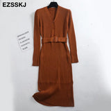Winter Knit Long Dress Women Casual V Neck Slim Bodycon Sweater Dresses Office Lady THICK Button Dress With