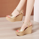 New High Slope Heel Sandals Women's Muffin Thick Bottom Waterproof Table One Word Buckle Gold Small Size 3233 Fish Mouth