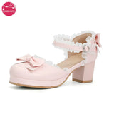 Japanese Harajuku Princess Lace Edge Lolita Sandals High Chunky Heels Sweet Round Toe Bowtie Kawaii School Girls Cosplay
