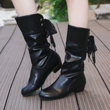 Breakj Autumn And Winter Large-Size Knight Boots Low And Round Head After The Tie With Warm Mid-Sleet Boots