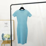 New Women Stretch Knitted Midi Dress Summer Spring Lady Casual O-neck Slim Knitting Bodycon Dresses Vintage
